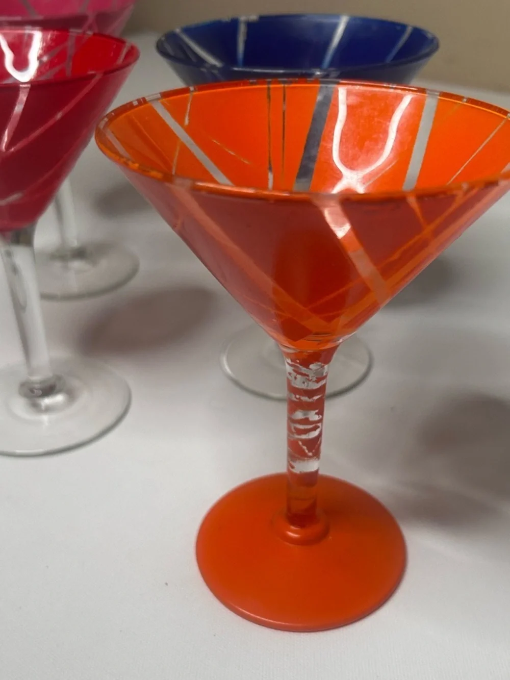 Handpainted Martini Glasses Set of Four 4 Blue Orange Red Pink Home Decor